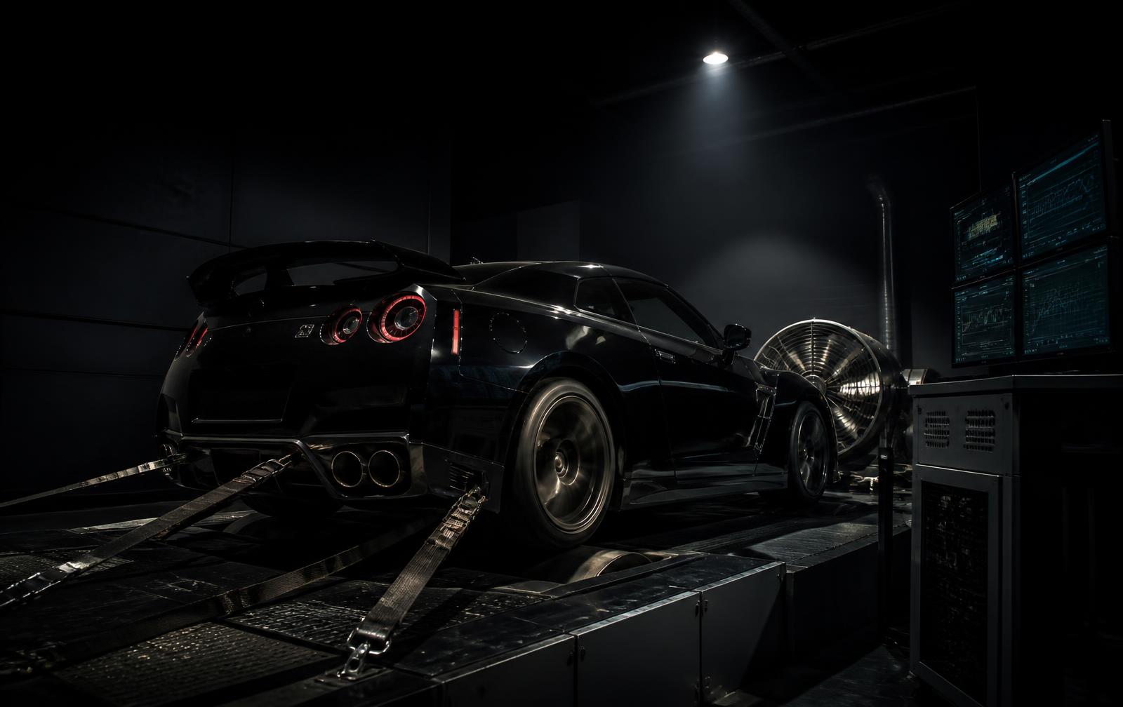 Performance car secured on a chassis dynamometer in a dark test cell