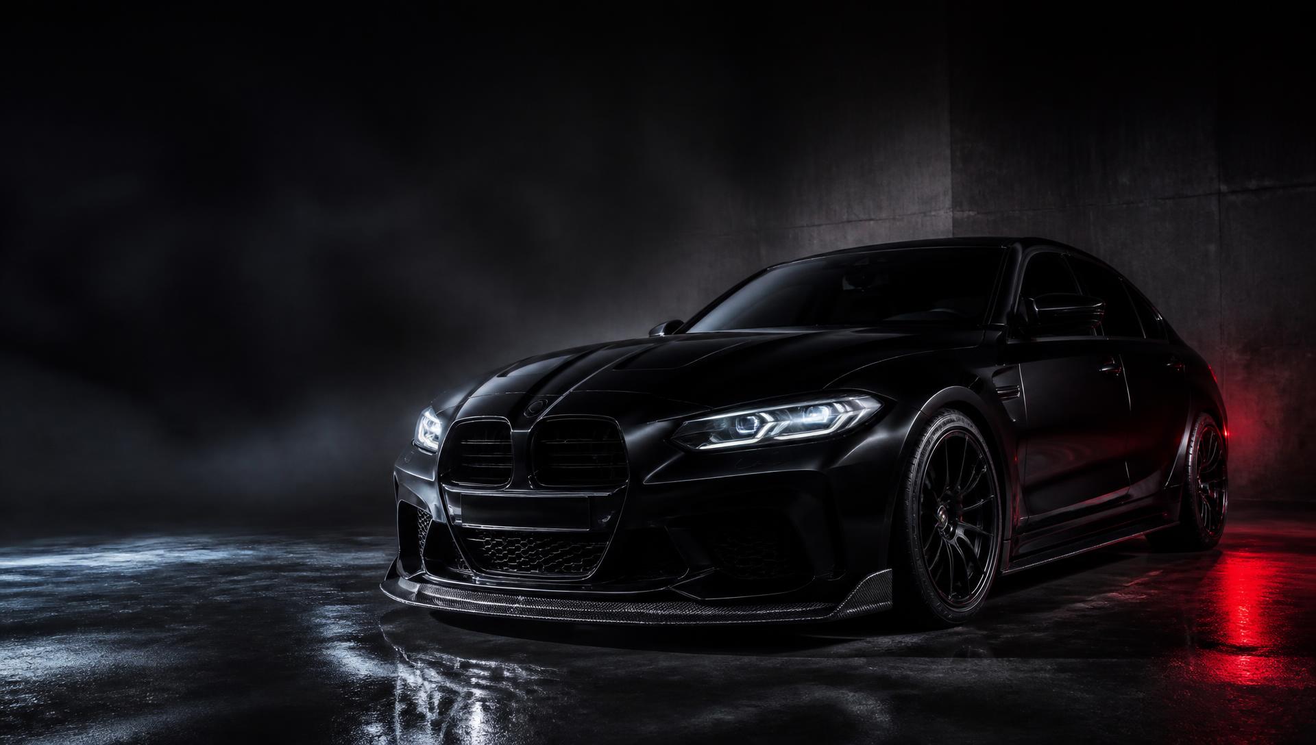 Dark performance sedan photographed in a low light engineering workshop