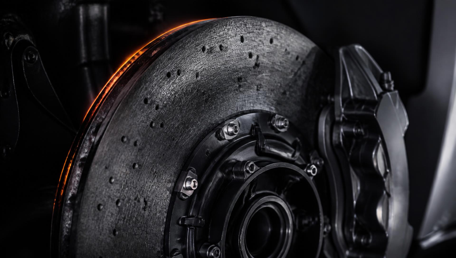 Macro photograph of a carbon ceramic brake rotor and monobloc caliper