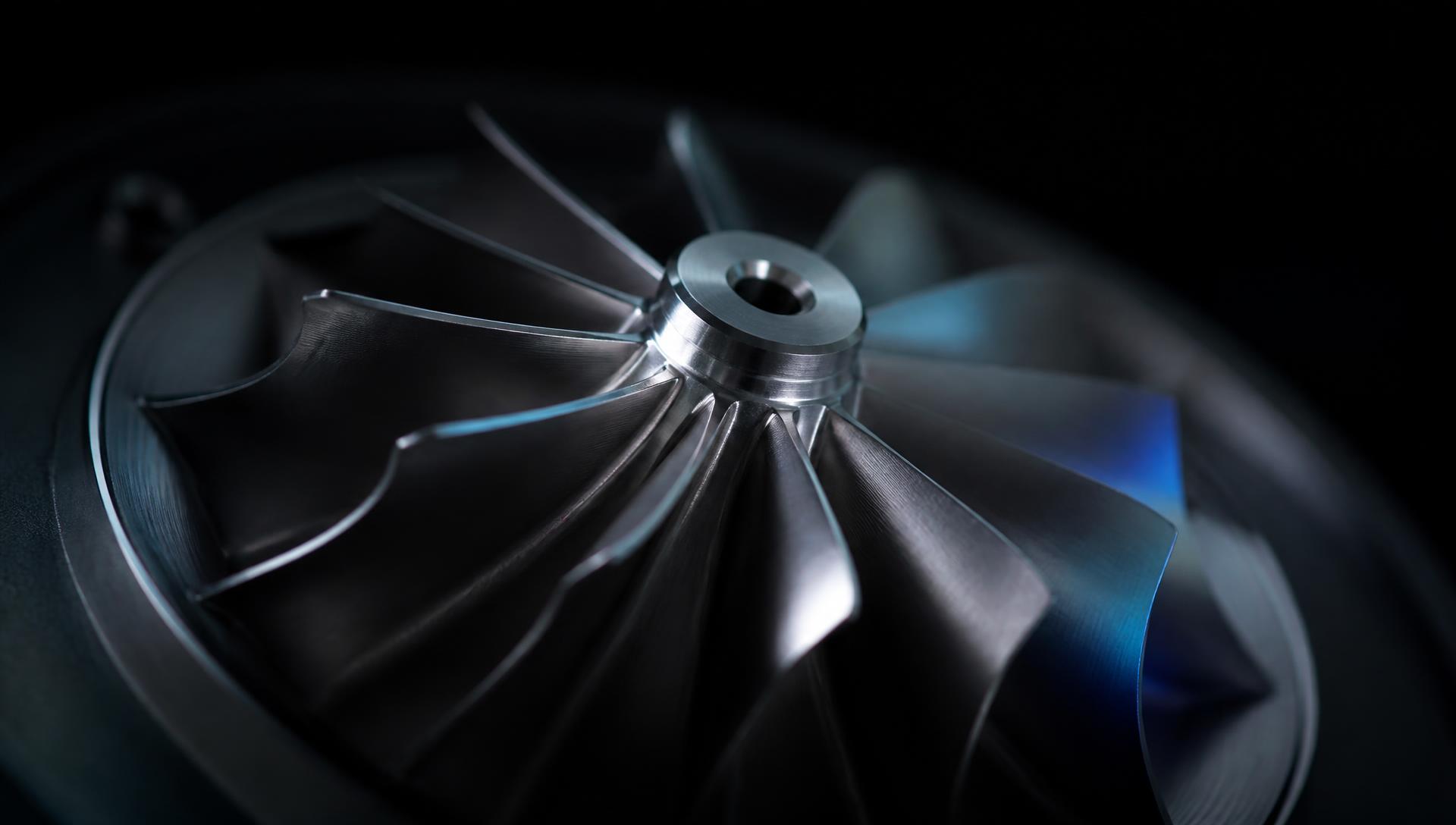 Macro photograph of a billet turbocharger compressor wheel